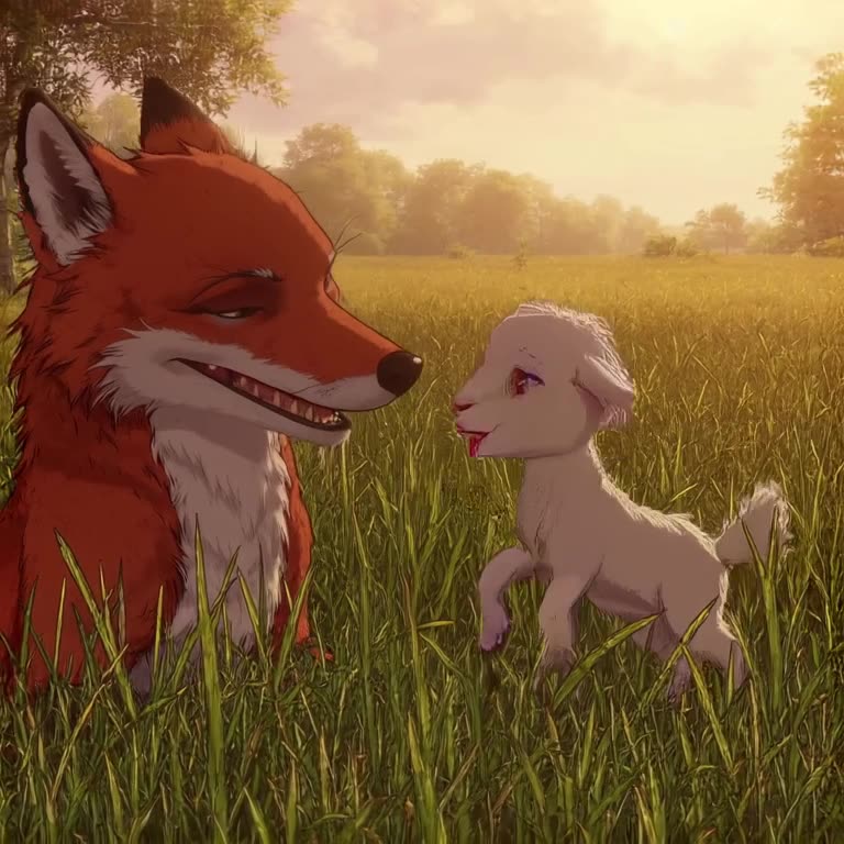 A fox kit and a lamb play peek-a-boo in tall grass. The lamb jumps out, startling the fox…
