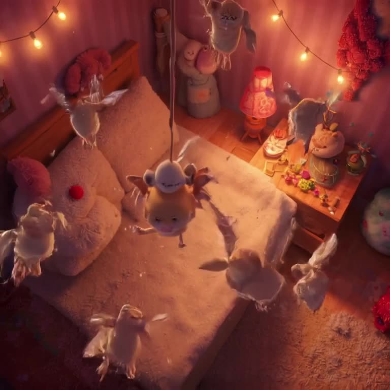 A kitten bats at a dangling string toy, missing wildly and falling over. Cozy bedroom lig…