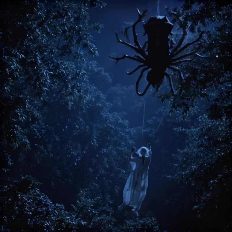 A ghost rides a giant house spider down a silk thread into a dark forest. The spider move…