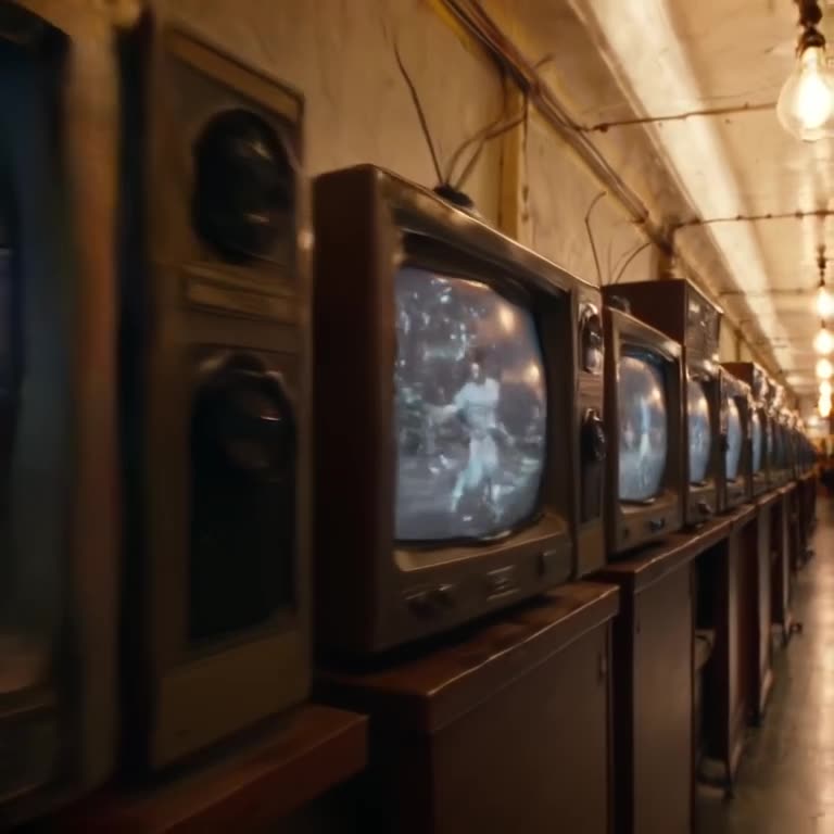 A skateboard rolls down a hallway lined with vintage televisions. Each TV screen shows a …