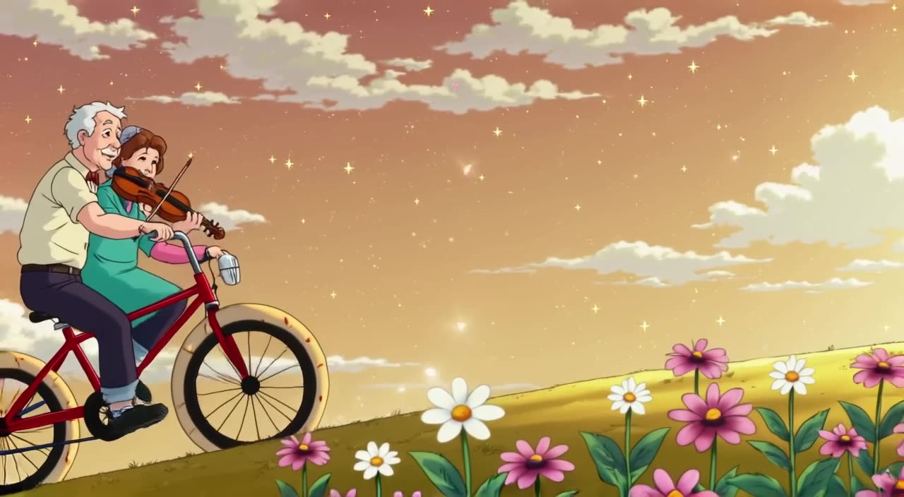 Anime style sunset scene where grandpa and grandma ride bicycles made of bagels down a hi…