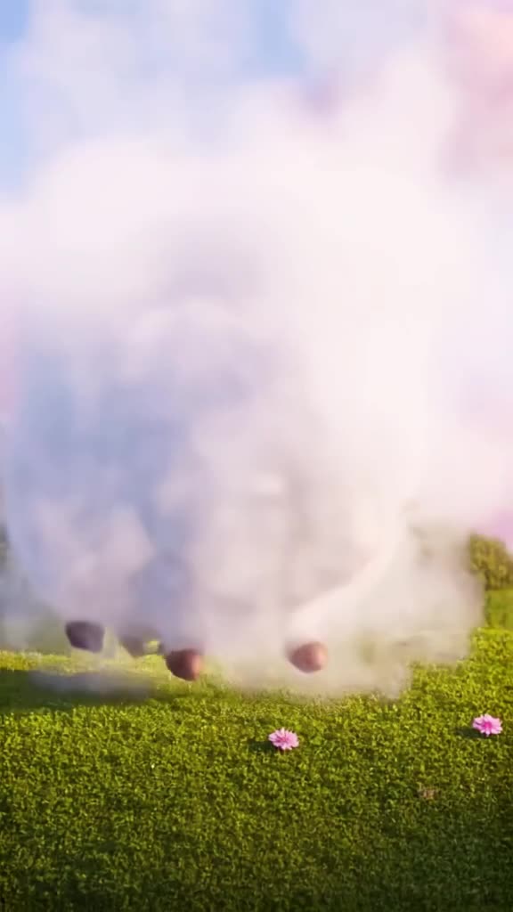A single cloud descends to earth and transforms into a fluffy white sheep made entirely o…
