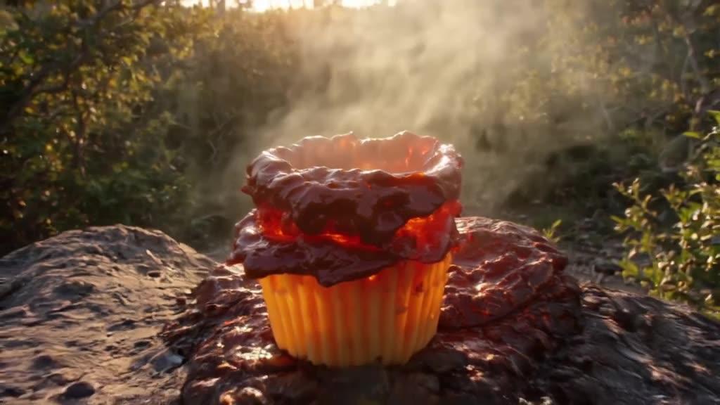 A cupcake is placed on a rock. As the camera pulls back, the cupcake is actually a miniat…