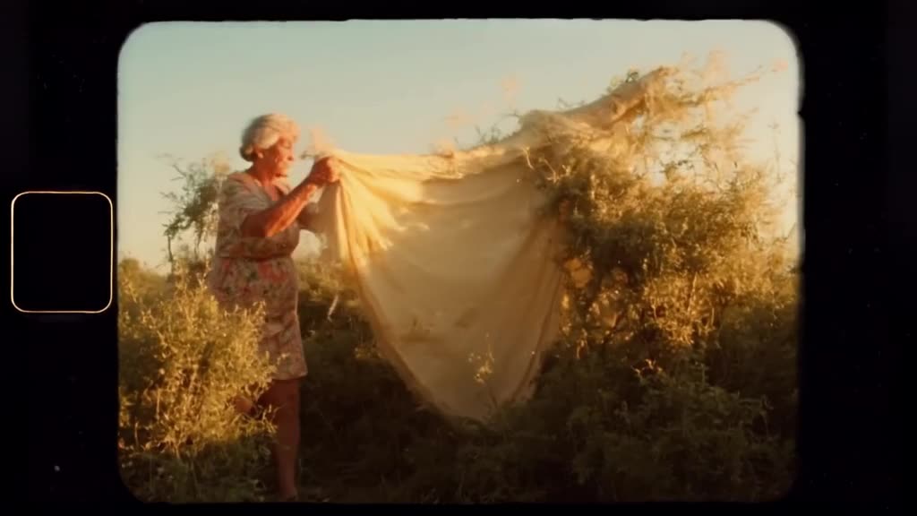 A grandmother kneads dough while surfing a giant tumbleweed. The dough stretches infinite…