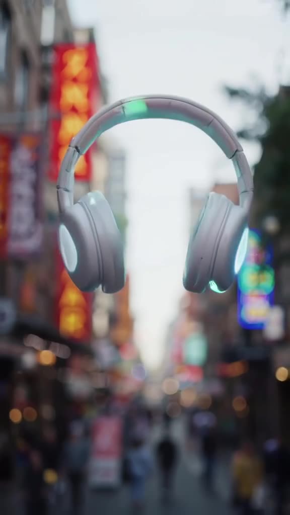 A pair of headphones floats above a busy street, bobbing its head to an invisible beat. T…