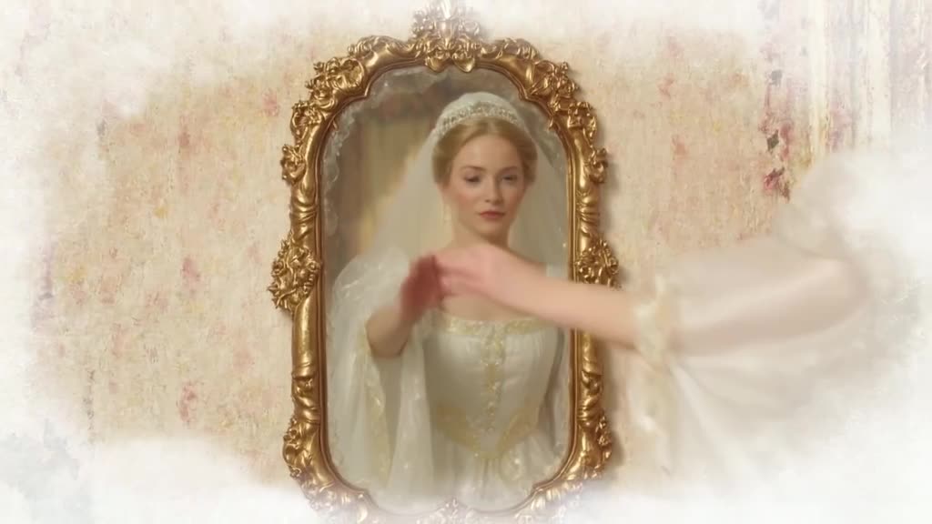 A mirror with an ornate gold frame reflects a beautiful princess. She reaches out, but he…