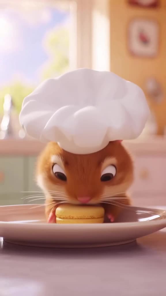 A hamster wearing a tiny chef’s hat drops a single macaron onto a plate. It tries to carr…
