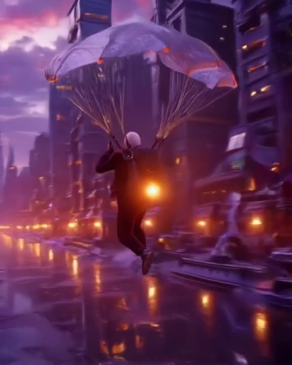 A 90-year-old man in a velvet suit skydives through a neon-lit cyberpunk city at twilight…