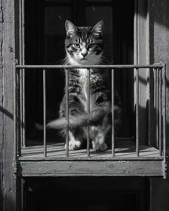 Noir black and white high contrast. A sleek cat sits on a fire escape above a cucumber. T…