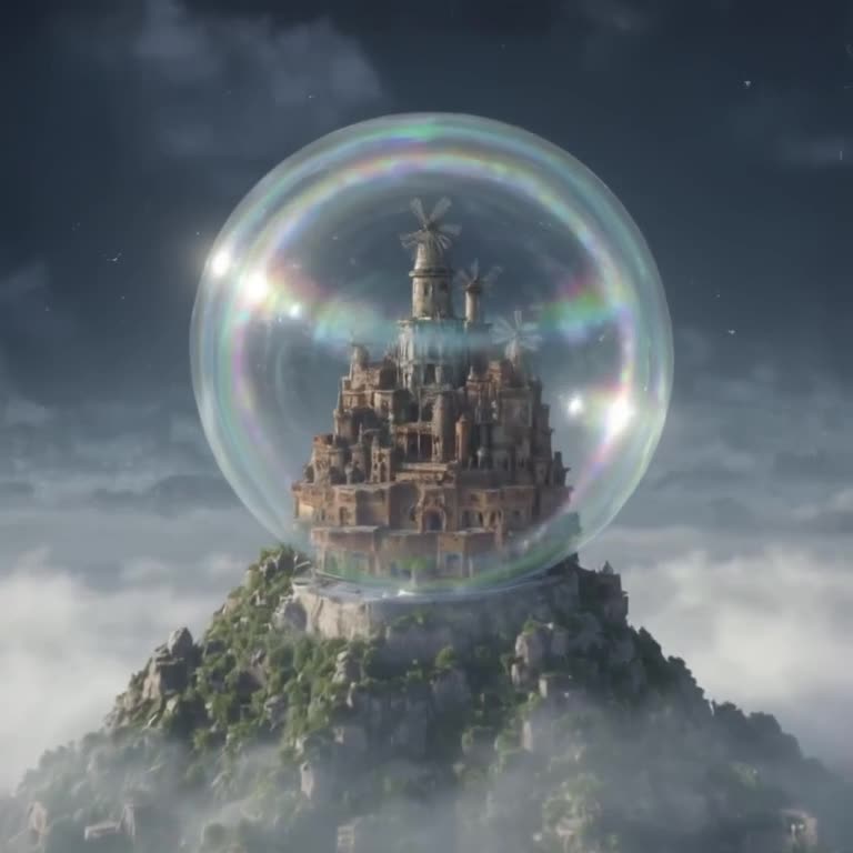 A miniature city built inside a giant, transparent soap bubble floats above a misty mount…