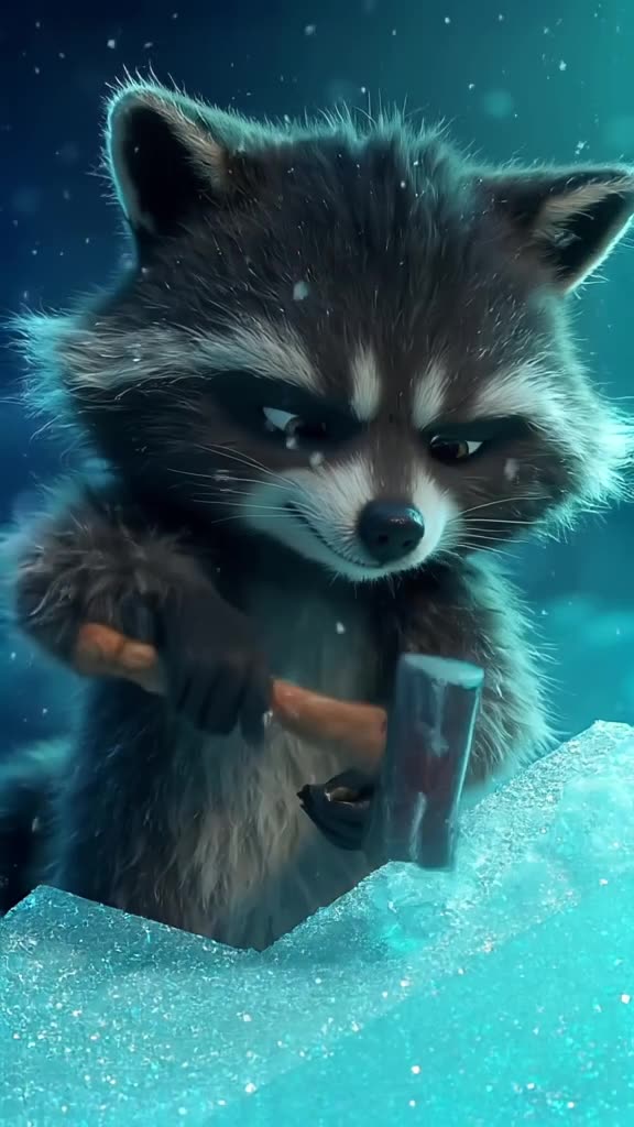 A raccoon dressed as a construction worker holds a hammer, trying to nail a piece of glit…