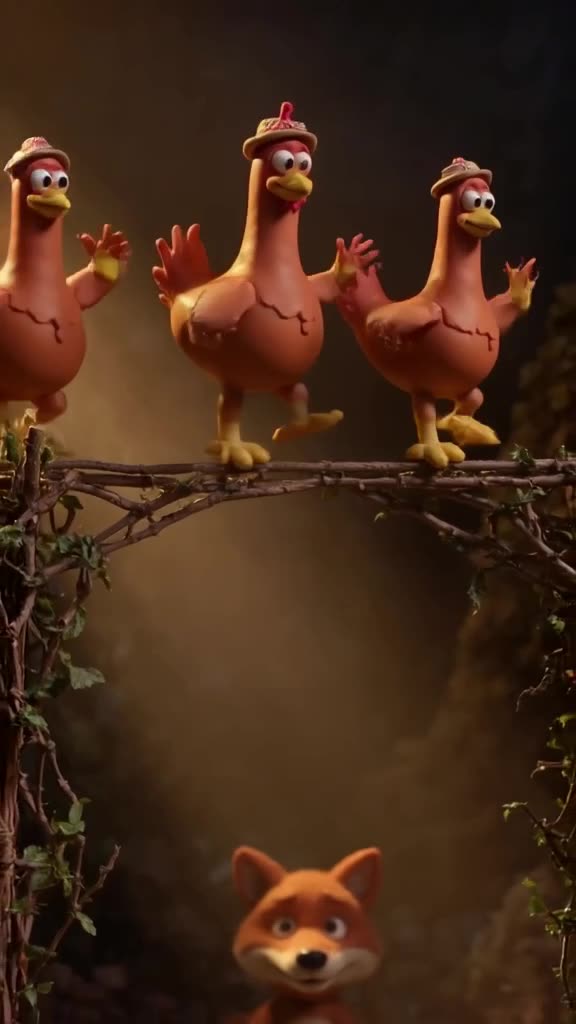 A chicken wears a tiny hat and confidently walks a high wire made of vines, balancing per…