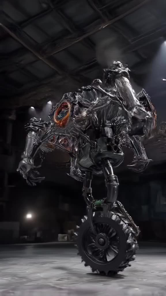 A mechanical spider-bike hybrid does a breakdance spin on its wheels. Gears whir and stea…