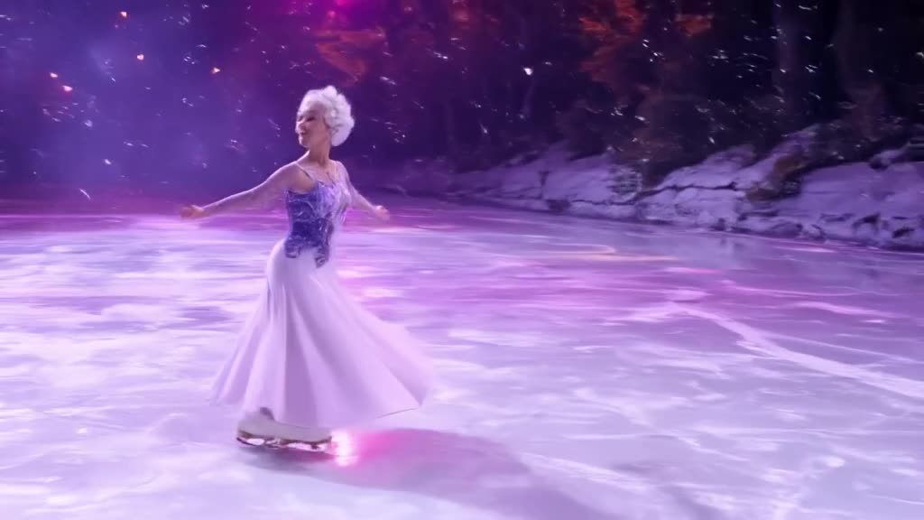 A stylish senior woman ice skating on a frozen neon-lit river, leaving trails of glitteri…