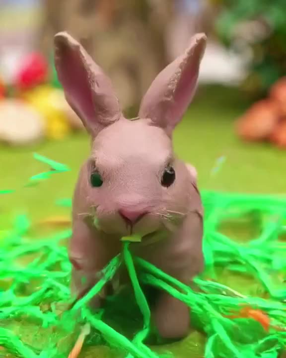 A snowy hare hops through a field where the grass is made of bright green licorice string…