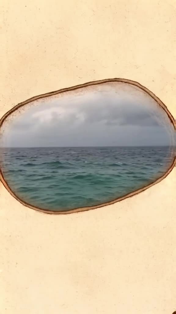 Close-up of a motorcycle’s rearview mirror reflecting a stormy sea. Suddenly, the reflect…