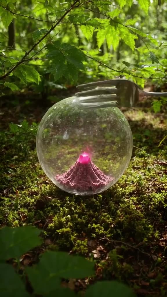 A delicate glass candy sphere sits on a mossy forest floor. A tiny silver fork taps it, c…