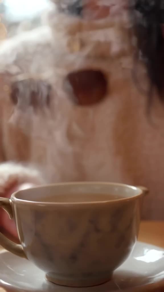 Close-up of sunglasses on a fluffy beige knit sweater, steam rises from a nearby ceramic …