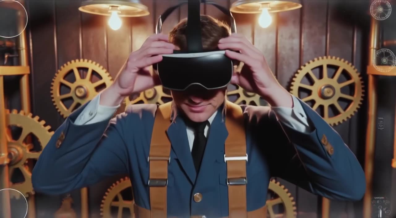 Steampunk inventor wears goggles and holds a VR headset. He puts it on and smiles at noth…