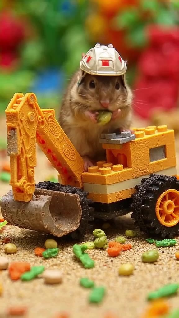A hamster in a tiny LEGO construction helmet drives a miniature excavator made of plastic…