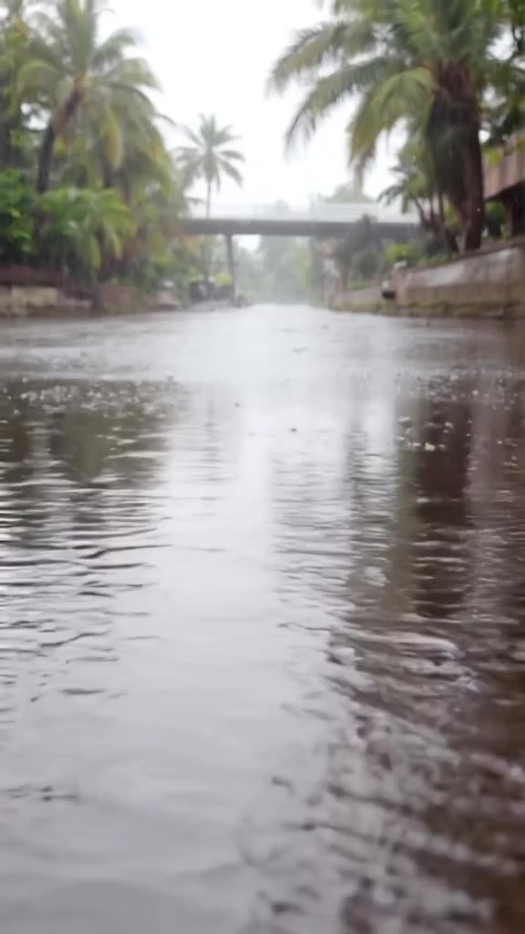 A puddle reflects a rainy street, then ripples outward to reveal an underwater tropical r…