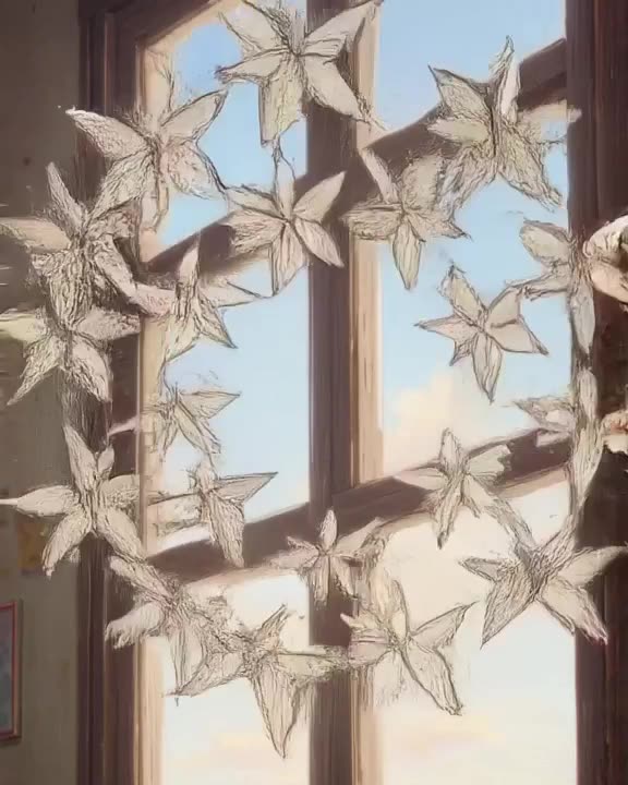 A flock of origami birds takes flight from a classroom window in soft morning light. Thei…