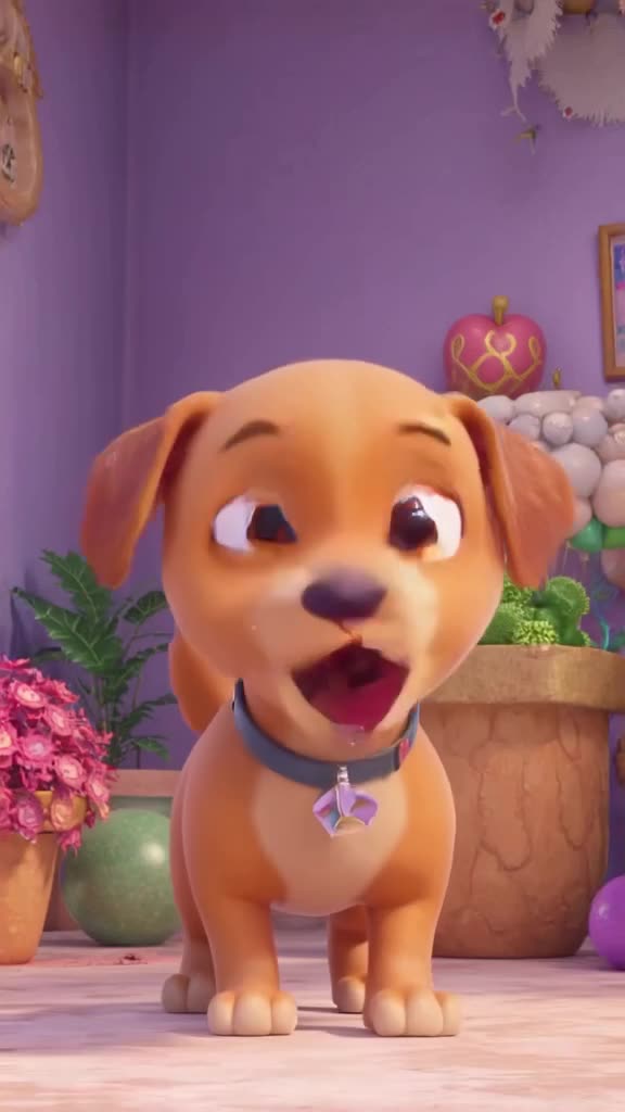 A balloon animal dog barks, and its balloons expand into a giant, colorful sphere. Sound:…