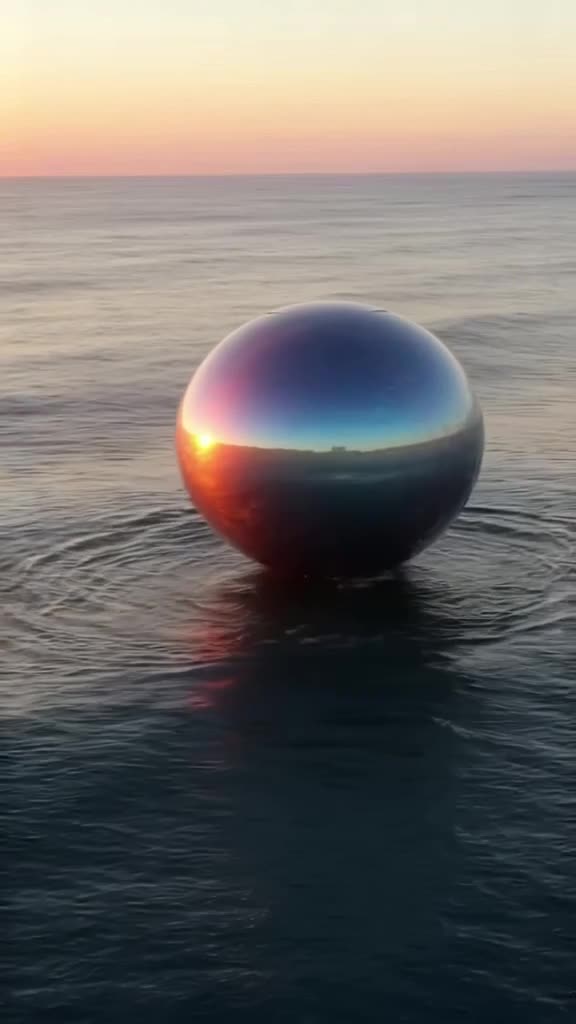 A giant bubble-shaped vehicle hovers silently over a calm ocean surface, iridescent skin …