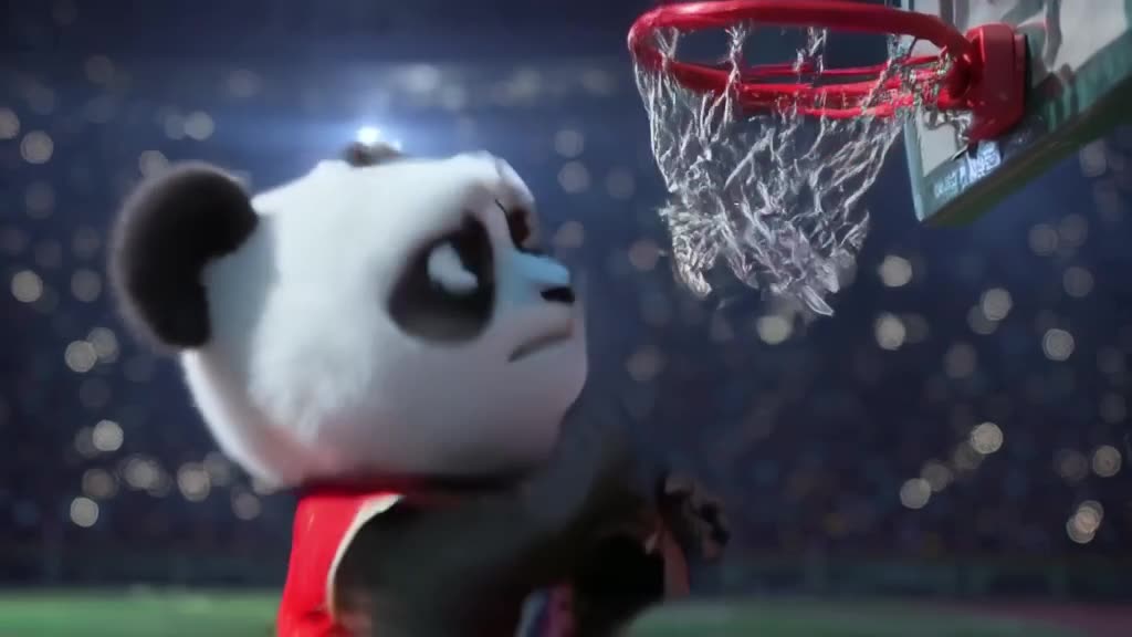 Macro shot of a baby panda in a red jersey attempting a free throw. The background is a s…