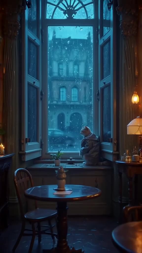 Rain falls softly on a Parisian street view from inside a café. A cat slides into frame w…