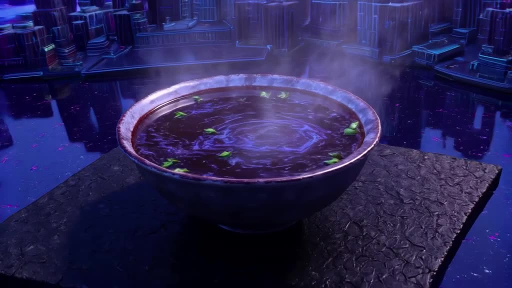 A steaming bowl of dark, nebula-colored ramen sits on a black slate. Neon purple and blue…