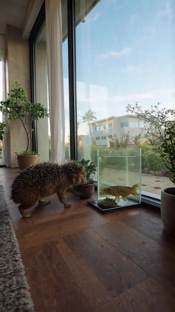 In a sleek modern living room with floor-to-ceiling windows, a hedgehog carefully pushes …