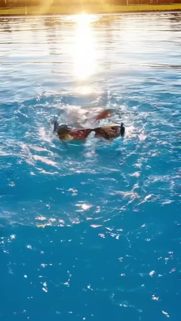 A pair of sunglasses performs a slow-mo spin on a pool edge. Water droplets fly off as th…