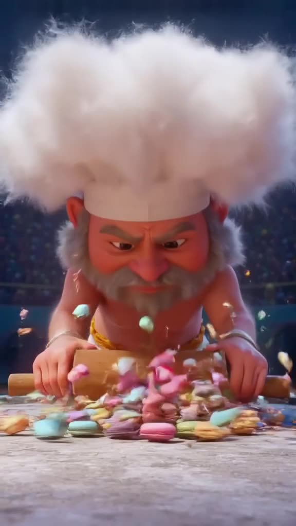 A Roman gladiator wears a giant, fluffy chef’s hat. He slams a wooden board with a rollin…