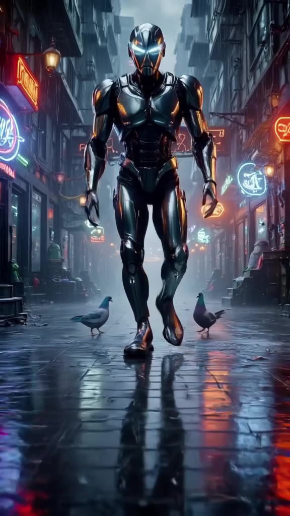A sleek robot tries to do a moonwalk on a wet tiled floor but slides uncontrollably past …