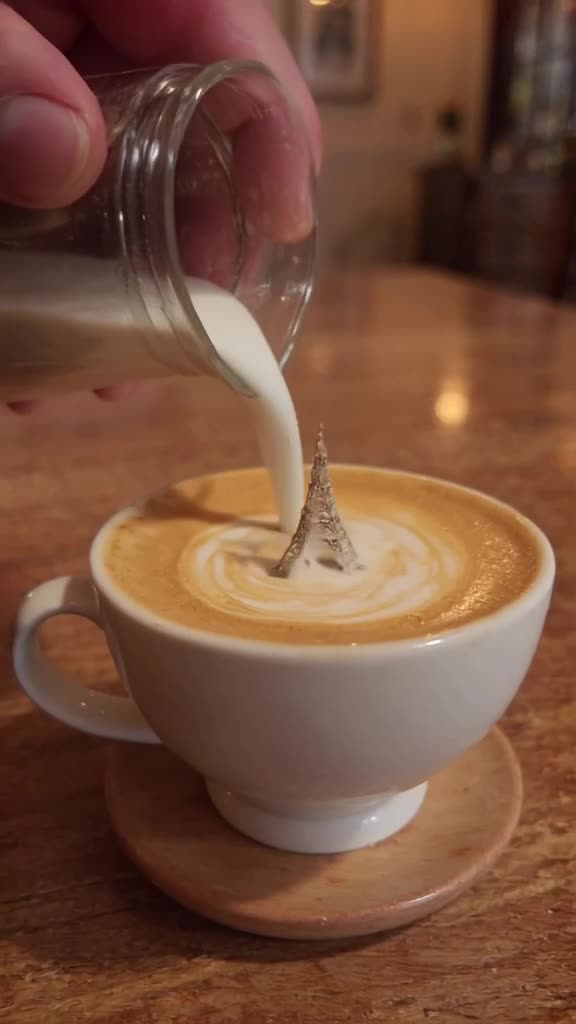 A barista’s hand pours milk. The latte art forms a tiny Eiffel Tower that wobbles and col…