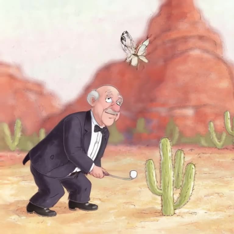 An elderly man in a tuxedo plays golf, but the ball turns into a butterfly upon impact. I…