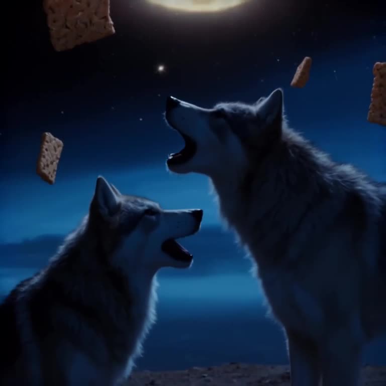 A wolf howls at the moon, but the moon is a giant, glowing cheese wheel. Stars around it …