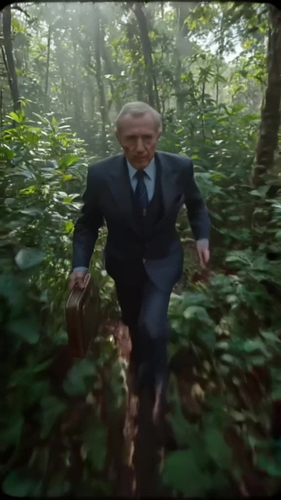 An old man in a suit zip-lining over a dense rainforest. He holds a briefcase that glows …