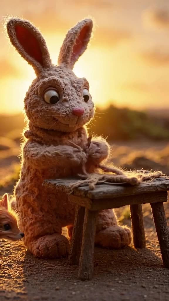 A grandpa rabbit sits at a tiny wooden table, knitting a scarf. A playful fox kit wanders…