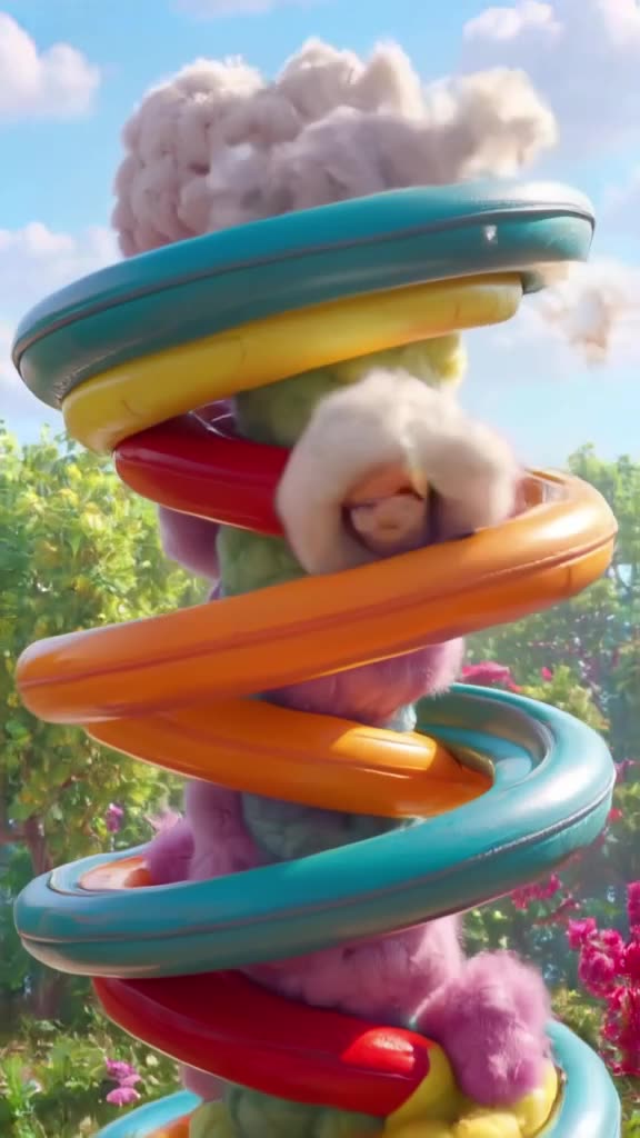 A ball of wool rolls down a spiral, turning into a colorful, twisting slide. A small, plu…