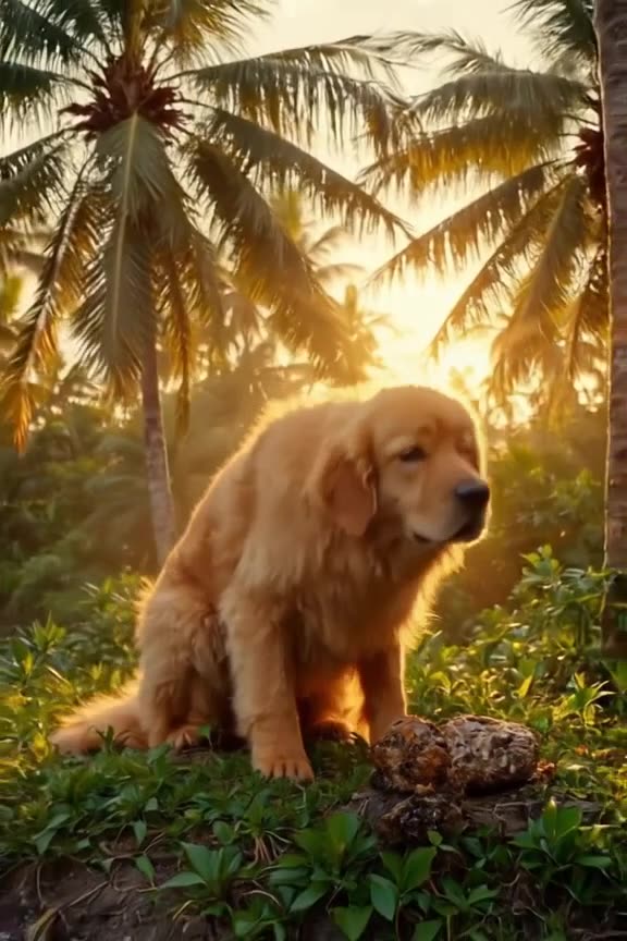 A fluffy golden retriever sits on a tiny tropical island, intensely watching a single coc…
