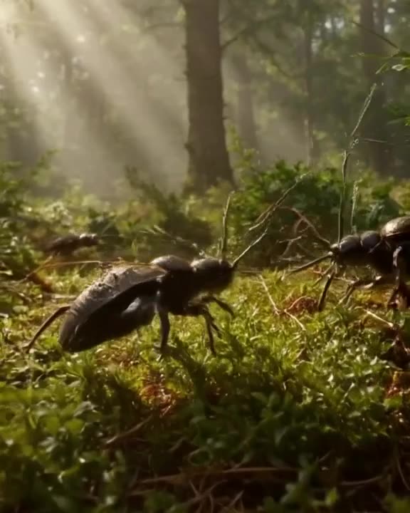 Beetles joust with pine needle spears on a mossy battlefield. Dappled sunlight filters th…