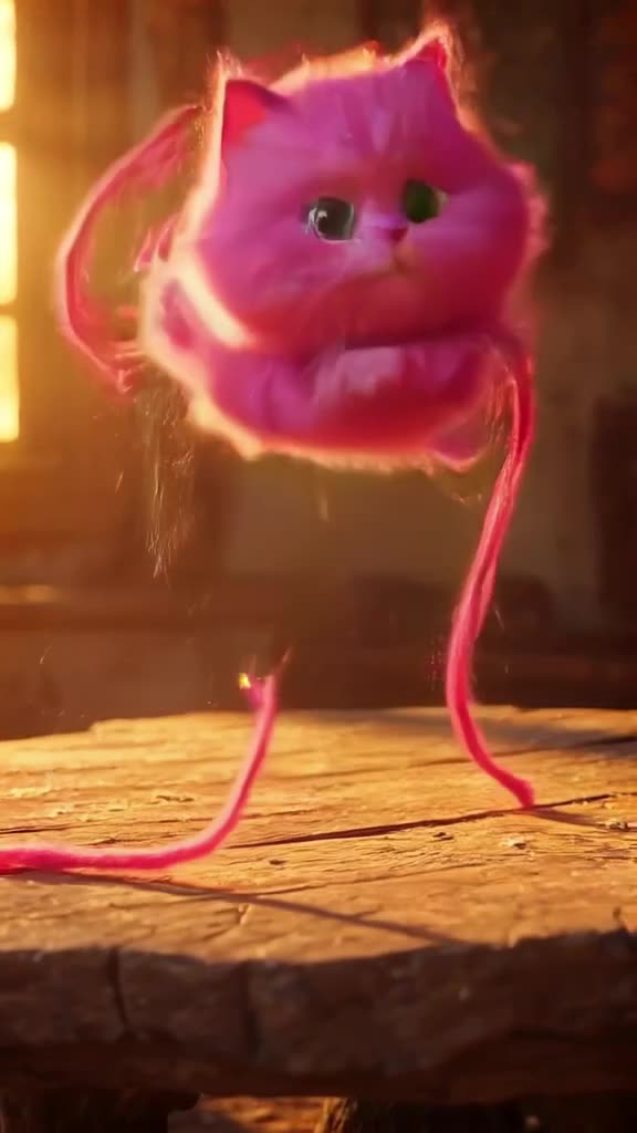 A single strand of neon pink wool unspools rapidly, morphing into a fluffy pink cat mid-a…