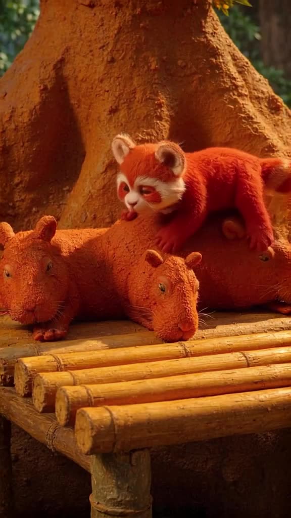 A capybara lounges on a sun-drenched bamboo deck. A red panda climbs onto the capybara’s …