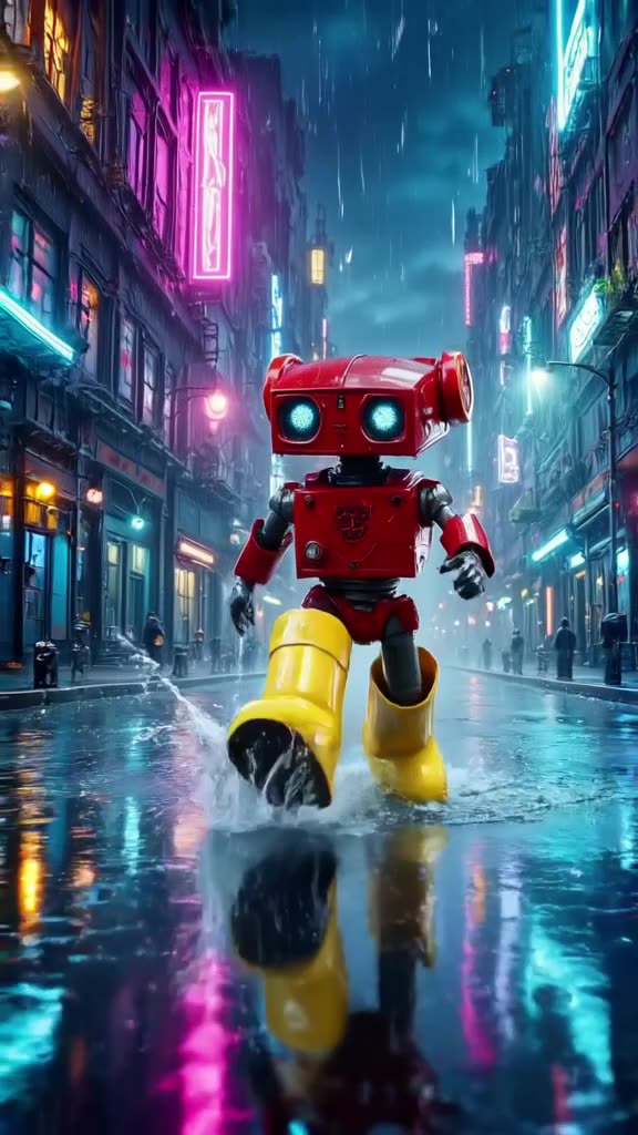 Neon rain falls on a dystopian city street. A small red robot slides in wearing oversized…