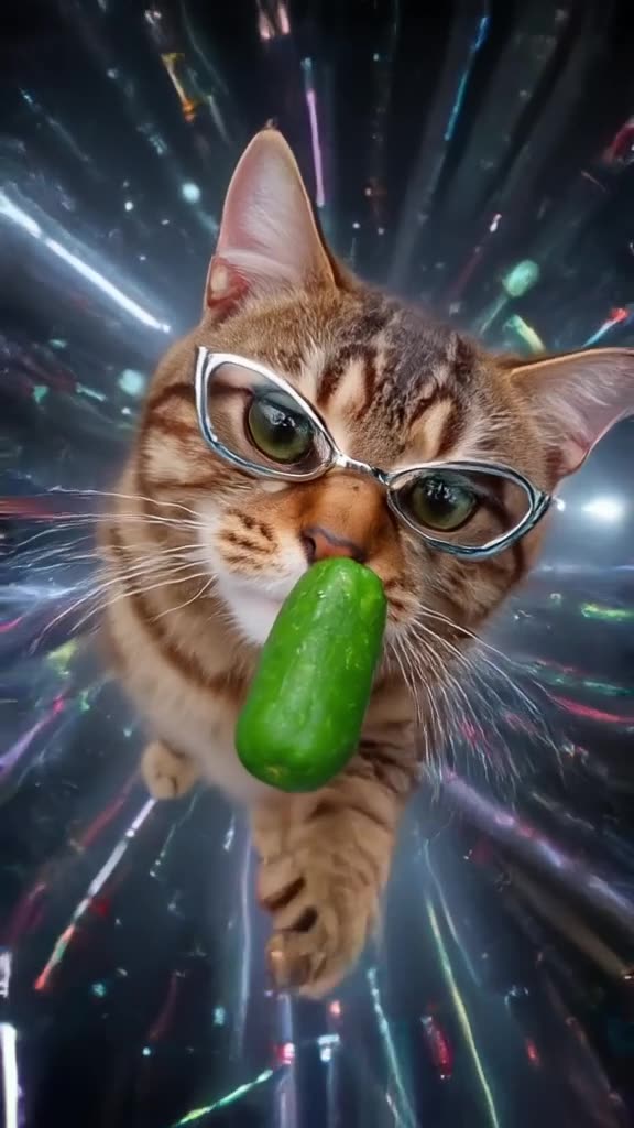Top-down view of a tabby cat wearing futuristic cat-eye sunglasses. A cucumber is placed …