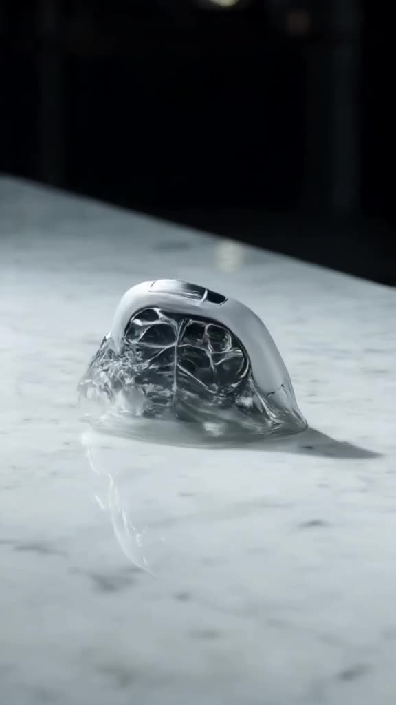 A sleek white smartwatch on a marble table. It melts into liquid silver, reforming into a…