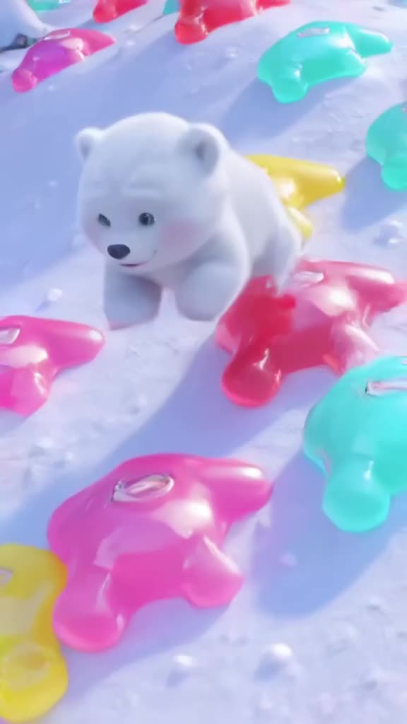 An adorable polar bear cub tumbles down a gentle slope, but instead of snow, it bounces o…