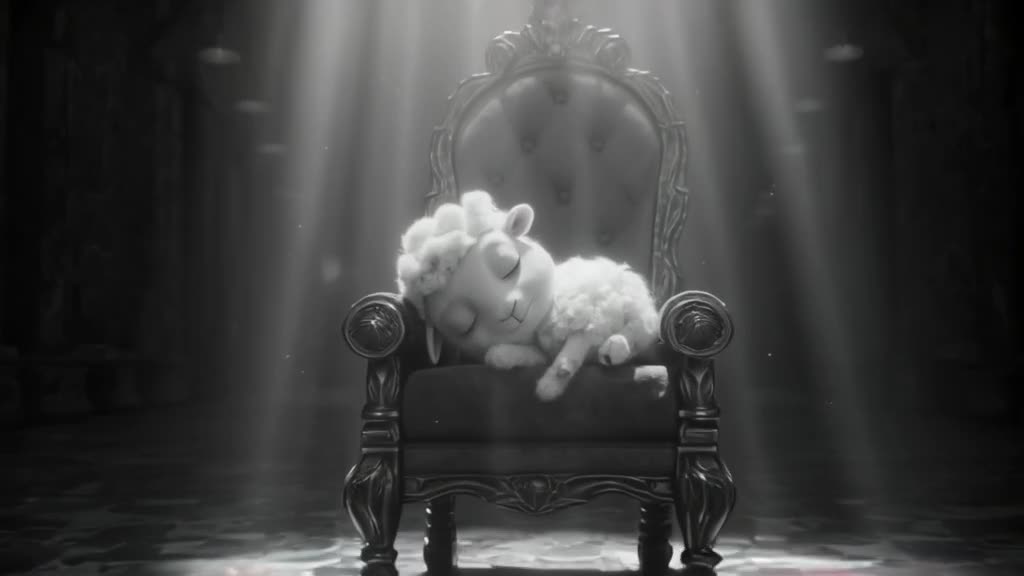 A fluffy baby lamb curls up asleep on a velvet throne in a dimly lit Roman hall. Volumetr…